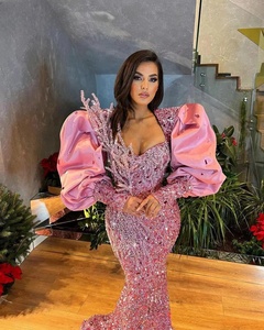 Robes de soirée sirène luxueuses en cristal <span class=keywords><strong>rose</strong></span> arabe Aso Ebi, col en V, robes de soirée formelles, robes de réception de mariage - Product Image 3