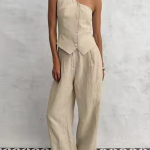 Trajes de Lino Casuales de Verano para Mujer, Cintura Alta, Sin Mangas, Un Hombro Descubierto, con Bolsillos, Conjunto de Dos Piezas a la Moda - Product Image 3