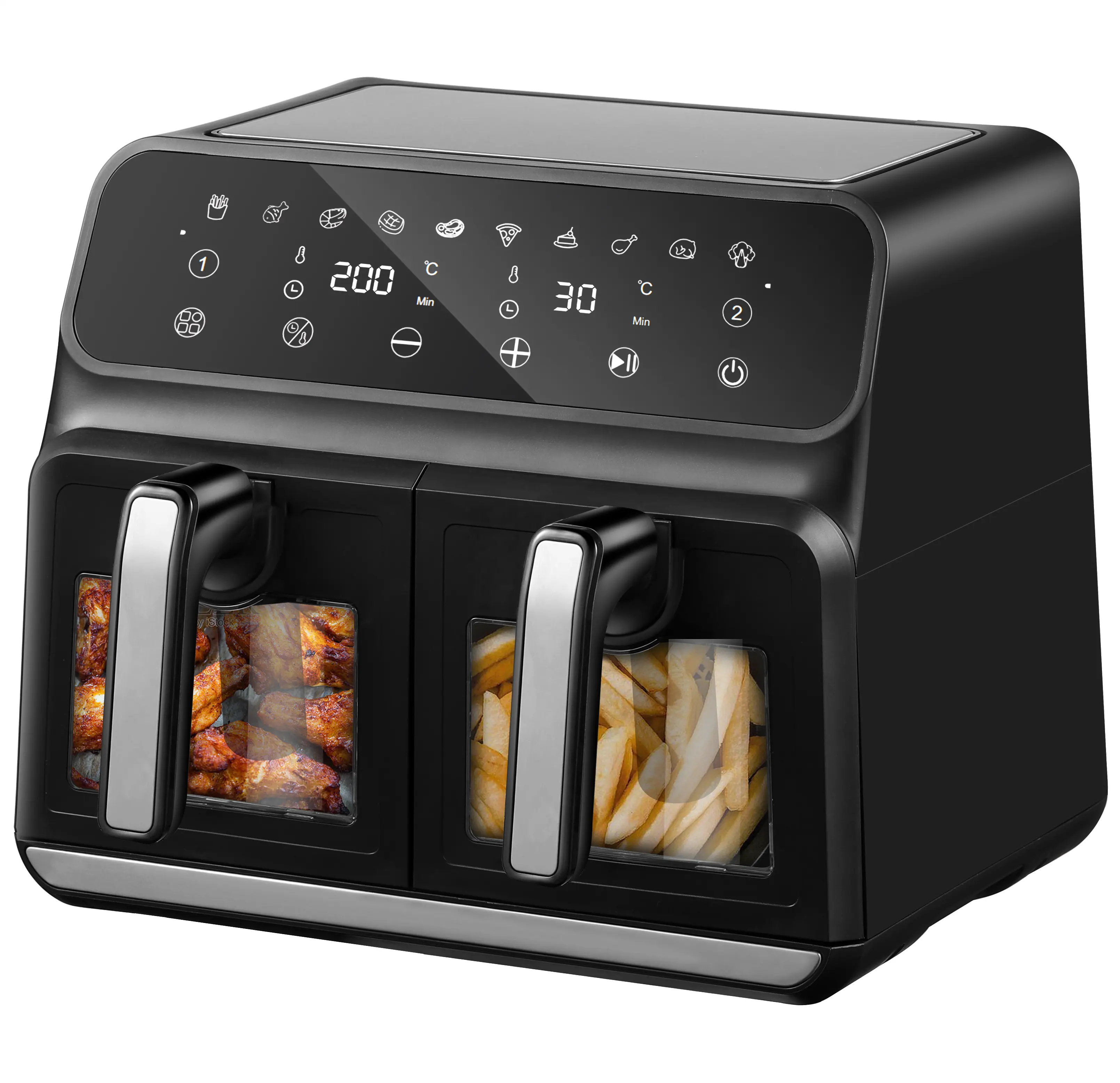 Alat dapur cerdas multifungsi, peralatan dapur elektrik Digital 8l pintu ganda penggorengan dalam Oven penggoreng udara keranjang ganda