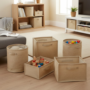 Boîte de rangement en coton et jute, rectangulaire, pliable, organiseur de jouets, grande capacité, panier de rangement pour la maison, solution de rangement pour enfants - Product Image 4