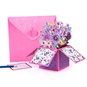 3D Pop Up Purple Floral Bouquet Box Greeting Card Mother's Day Card Spring Paper Card
