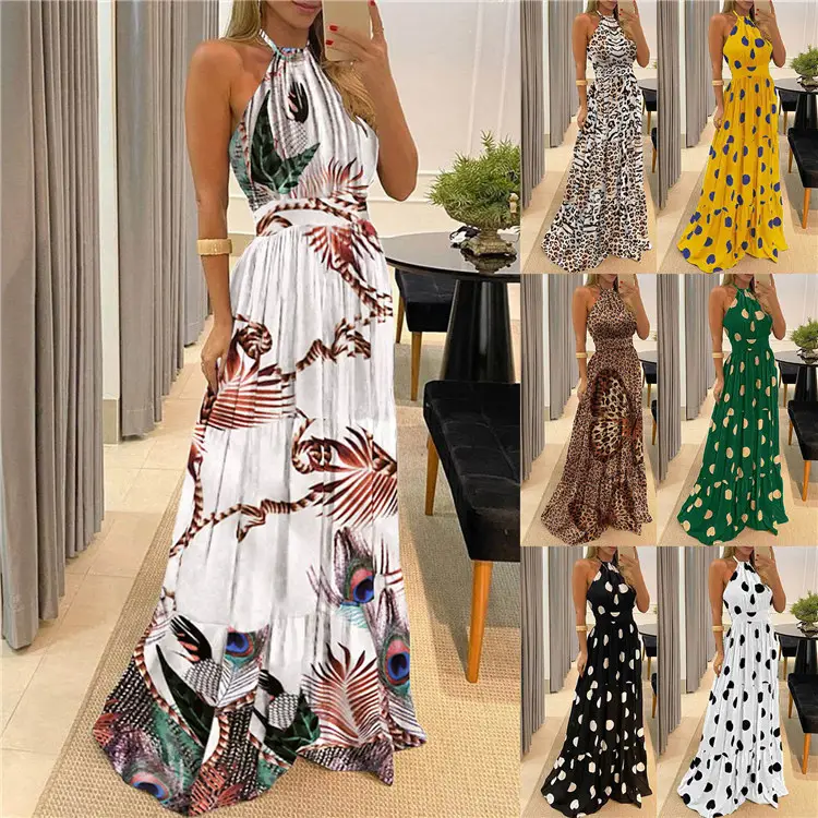 Best Sale Summer Vintage Backless Boho Long Dress Casual Bohemia Vacation Beach Halter Floral Print Maxi Dresses For Women