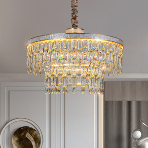 Lustre en acier inoxydable cristal couleur or, suspension LED E26 3500K blanc chaud, hauteur réglable, télécommande pour salon - Product Image 1