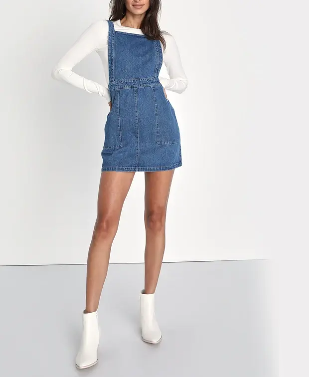 2023 Custom Medium Wash Denim Mini Overall Jeans Kleid Frauen