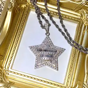 Bling Jewelry Hip hop 925 Silver Gold Plated Iced Out Square Zircon Pentagram Pendant Necklace For Mens