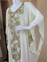 Abaya musulmane deux pièces en mousseline et satin blancs, prix d'usine, avec broderies et perles exquises, kaftan, robe maxi arabe pour femmes