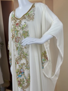Abaya Musulmana in Due Pezzi in Chiffon e Raso <span class=keywords><strong>Bianco</strong></span> con Ricami e Perline, <span class=keywords><strong>Vestito</strong></span> Lungo Arabo per Donne a Prezzo di Fabbrica - Product Image 3