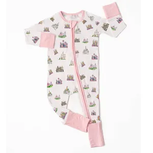 Macacão de bambu rosado com zíper, pijama de princesa com zíper para bebês, crianças, bebês, personalizado