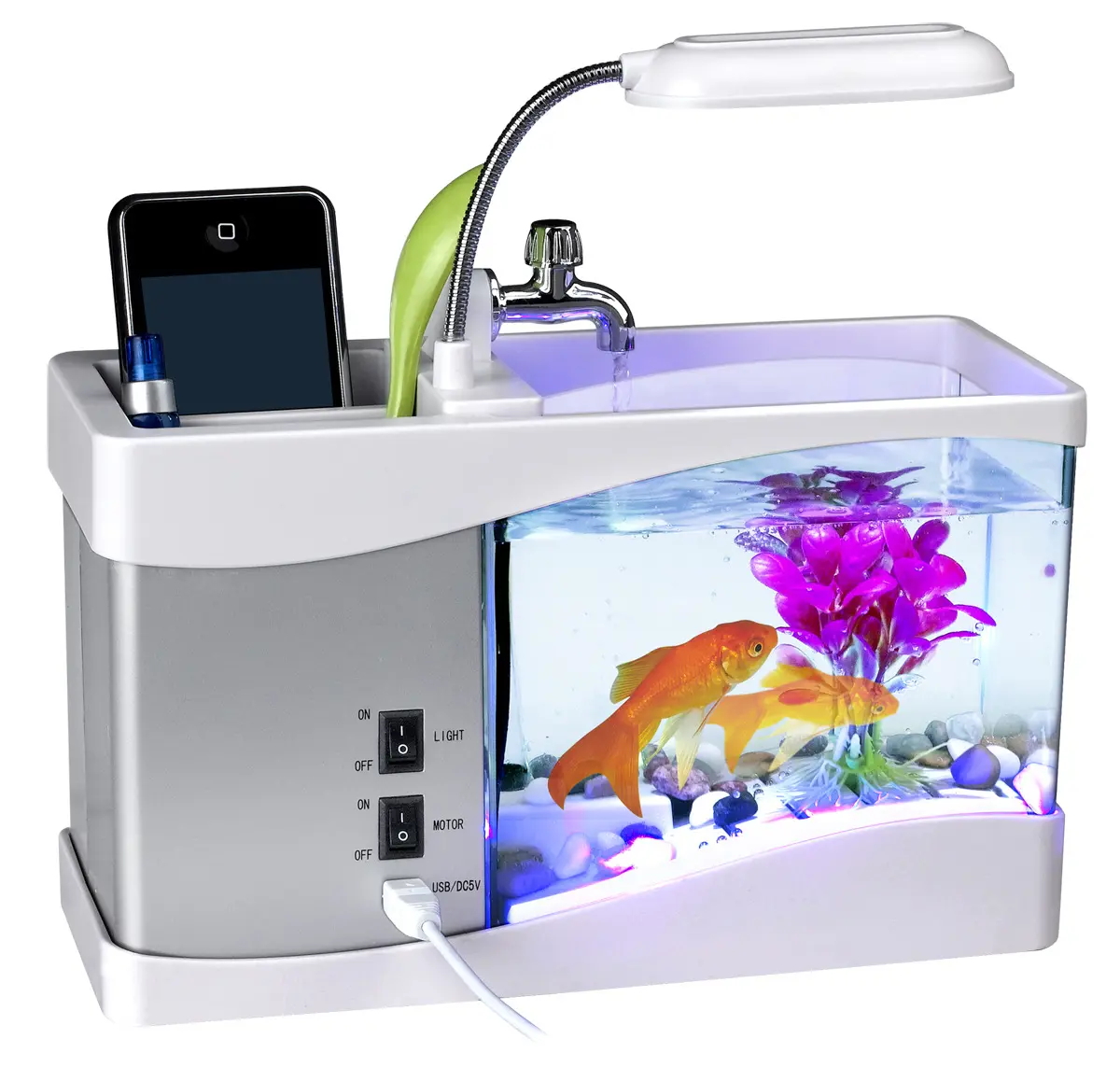 Aquarium USB Mini Aquarium Kreatives Fischglas mit Wasserpumpe LED-Licht lampe Desktop-Kalender Wecker Aquarien Fischs chale