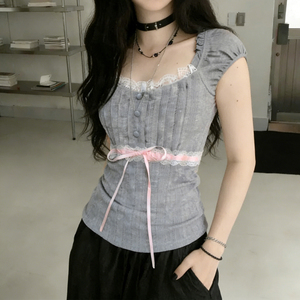 Cute Girl Lace Tie-Up Short Sleeve T-Shirt Women Summer Eco-Friendly Breathable V-Neck Lace Trim Button Front Casual Office Base - Product Image 4