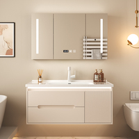 Armoire de salle de bain moderne intelligente en bois crème intégrée en céramique lavabo évier étanche pour appartement ou hall d'utilisation