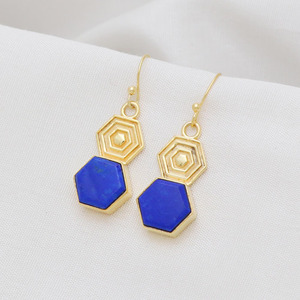Hot Selling Lapis lazuli brass gold plated earrings, Natural hexagon shape gemstone earrings for everyday wear - Product Image 2