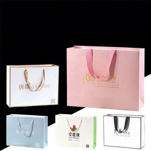Sac de shopping en papier personnalisé de luxe KM avec logo de designer, poignée en ruban rose - Product Image 2