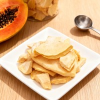 Zoet gevriesdroogd fruit, rijk aan spijsverteringsenzymen, voor de gezondheid van de darmen en als natuurlijk tussendoortje. Gefreeze-droogde papaja.