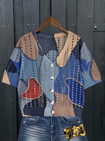 Cardigan en tricot abstrait bleu pour femme, col en V, pointelle ajourée, pull respirant 100 % polyester, imprimé patchwork vintage