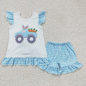 Conjunto de ropa de Pascua para bebés y niñas, conjunto de pantalones cortos a cuadros con botones de conejos y zanahorias - Product Image 5