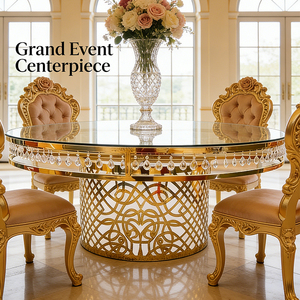 Elegante Mesa de Comedor Redonda de Acero Inoxidable con Tapa de Cristal, Mesa Dorada de Lujo para Hotel, Banquete Comercial, Boda - Product Image 4