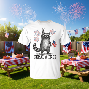 Camiseta Feral And Free Raccoon con diseño de bandera de Estados Unidos del 4 de julio, manga corta, cuello redondo, unisex, para adultos, promocional - Product Image 3