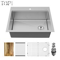 Évier de cuisine moderne fait main en acier inoxydable 304 de calibre 16, 28 pouces, cuve simple, un trou, montage en surface, finition brossée, garantie 5 ans