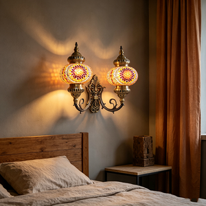 Turkish Mosaic Glass Wall Sconce Antique Bronze Double Light Handmade Bohemian Wall Lamp for Living Room Bedroom Hallway Decor - Product Image 2