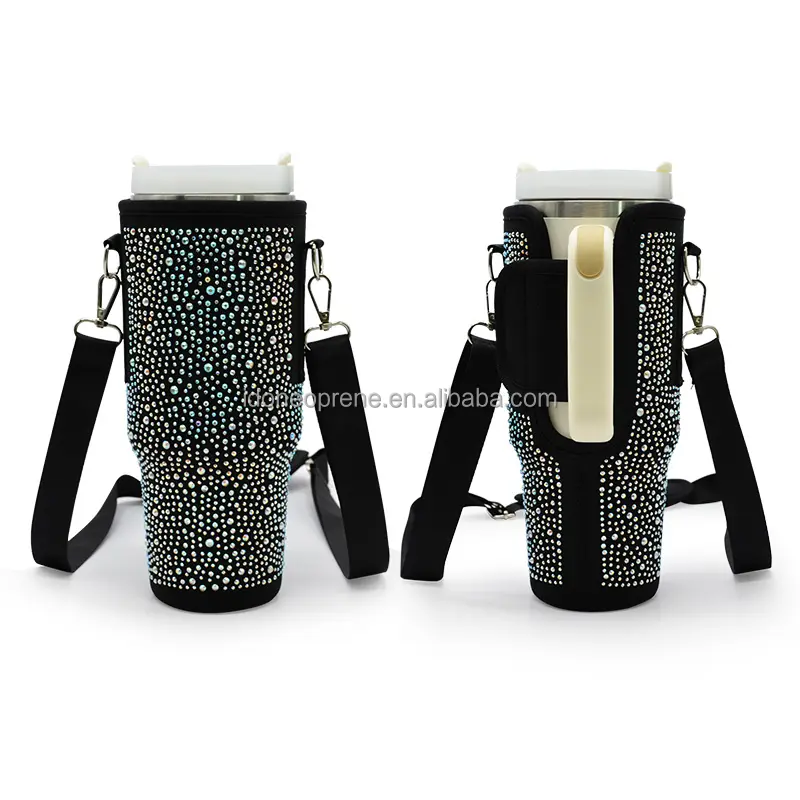 Hete Verkoop Stijlvolle Bling Strass 40Oz Tuimelaar Cup Neopreen Waterfles Draagtas Met Verstelbare Riem