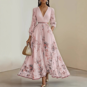 Abito Lungo Elegante <span class=keywords><strong>con</strong></span> Stampa per Donna, Scollo a V Profondo, Maniche Lunghe, <span class=keywords><strong>Gonna</strong></span> <span class=keywords><strong>Plissettata</strong></span> a Trapezio, Vestito Casual <span class=keywords><strong>con</strong></span> Stampa, Spedizione Rapida - Product Image 1