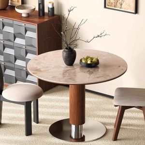 <b>Round</b> Solid Wood Slab Dining <b>Table</b> With Stainless Steel Base Stable Support Structure For Living Room - Product Image 1