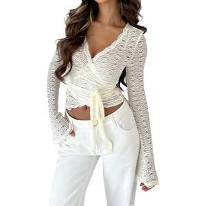 Haut court en dentelle transparente à manches longues pour femme, col en V, style Y2K, respirant, blanc, personnalisé 2026 - Product Image 1