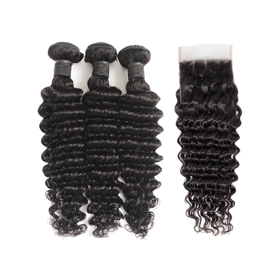 Wholesale BrazilIan Hair Deep Wave Hair 4 Bundles with Closure Remy Human Hair Weave Bundles With Closure Natural Color