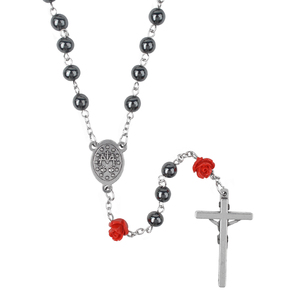Collier de chapelet en hématite rouge rose, médaille/crucifix personnalisable, perles, bijoux religieux catholiques pour femmes et hommes - Product Image 4