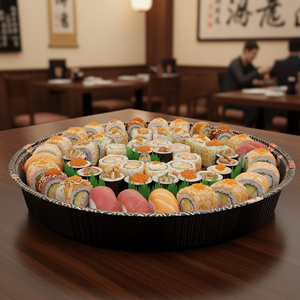 [60ct] 14.8 PET Sushi <b>Tray</b> with Lid Round <b>Black</b> - Product Image 4