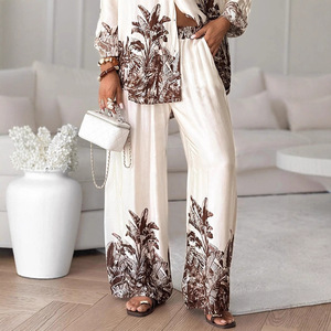 Conjunto de 2 Piezas de Moda al por Mayor, Camisa <span class=keywords><strong>Casual</strong></span> de Manga Larga con Estampado Vintage para Mujer, Pantalones Anchos, Atuendos de Verano para Mujer - Product Image 4