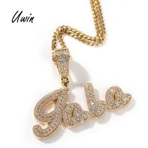 Custom Small Size Brush Cursive Name Pendant with Square Baguette CZ Chain Women Men Bling Thick Name Personalized Gift Necklace