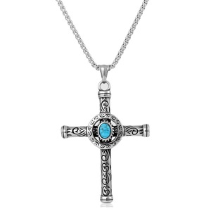 yunnique <b>Cross</b> Pendant Necklace Stainless Steel Turquoise Inlay Men's Jewelry Gift Geometric Design Box <b>Chain</b> 600cm - Product Image 3