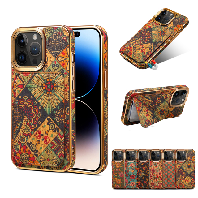 Denior OEM/ODM Printed Electroplated Cork Wallet Kickstand Phone Case, Customizable, Compatible with Apple 15/14/13/12 Series