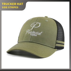 Custom Embroidered Logo 6 Panel Men Trucker Hats Personalised <strong>Army</strong> Green Mesh Trucker <strong>Cap</strong> With 2 Side Stripe - Product Image 1