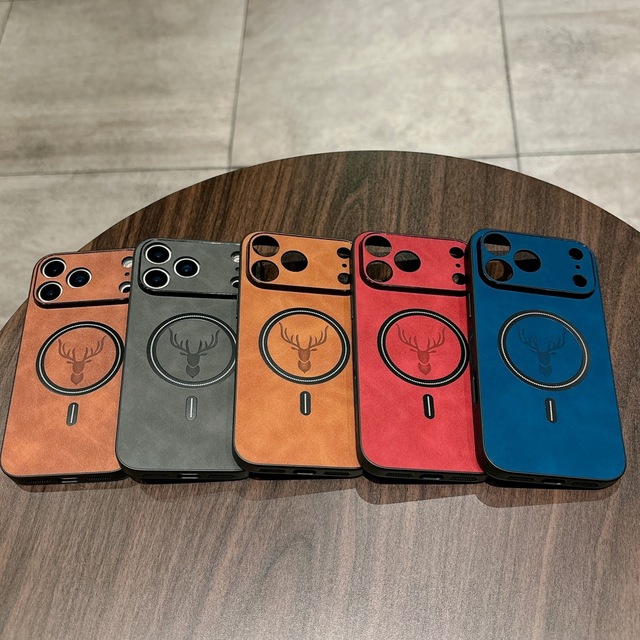 Luxury Matte Leather Pu Deer Pattern Phone Case for iPhone 18 17 16 15 14 Pro Max Magnetic Wireless Charge Shockproof Back Cover