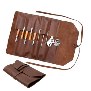 Bolsa de Herramientas Plegable de Cuero Crazy Horse, Bolsa Enrollable para Herramientas de Barbacoa, Bolsa de Almacenamiento para Tijeras de Peluquería, Bolsa para Herramientas de Ferretería - Product Image 1