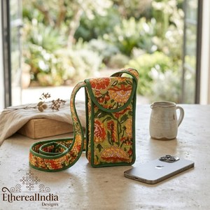Quilted Cotton Mobile Sling Bag Floral Block Print Phone Pouch Handmade <b>Mini</b> Crossbody Bag - Product Image 4