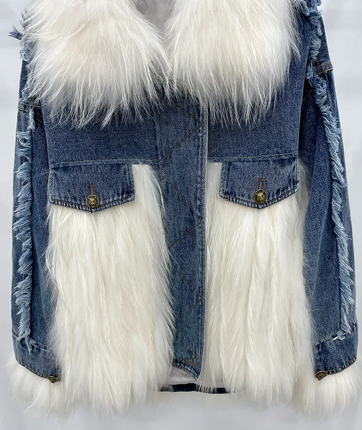 Großhandel Winter Denim Pie Stitching Waschbär Pelz Frauen Real Fox Pelz gewebte weibliche Denim Pelz Jacken