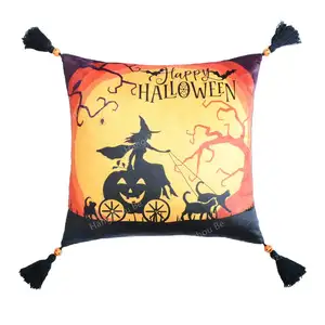 Multi Color Customizable Halloween Style Witch Cartoon Pattern Velvet Material Sofa Decoration Pillow Cover