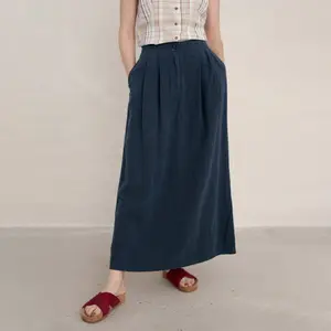 Tùy chỉnh Midi Linen phụ nữ váy rắn màu vải thoáng khí giản dị hải quân người phụ nữ váy