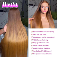 Peluca frontal con cierre de encaje HD sin pegamento, color marrón ombré con rubio miel, cabello humano virgen brasileño SDD liso original
