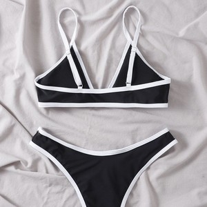 Conjunto de bikini de dos piezas para mujer, con cuello halter cruzado, ribete en contraste, corte alto elástico, traje de baño de spandex/poliéster para natación y deportes acuáticos - Product Image 3