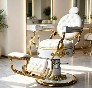White Gold <b>Barber</b> <b>Chair</b> Hydraulic Salon Styling <b>Chair</b> Tufted PU Leather Hairdressing Seat for Barbershop - Product Image 1