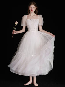 Vestido Blanco <span class=keywords><strong>de</strong></span> Línea A con Cristales Antiestáticos, Nuevo Modelo 2025, <span class=keywords><strong>para</strong></span> Novia, <span class=keywords><strong>Boda</strong></span>, Compromiso, con Velo, Certificado, Mangas Abullonadas, Estilo Dulce - Product Image 4