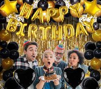 Décorations de fête d'anniversaire, bannière de ballons joyeux anniversaire avec ensemble de ballons noirs et dorés pour fournitures de fête