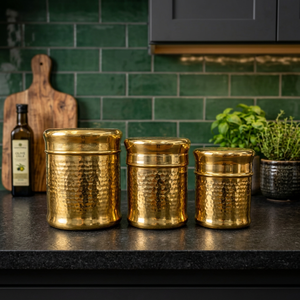 Juego de 3 Recipientes Redondos de Metal Dorado Martillado para Especias con Tapa, Contenedores Modernos para Almacenamiento de Alimentos - Product Image 4