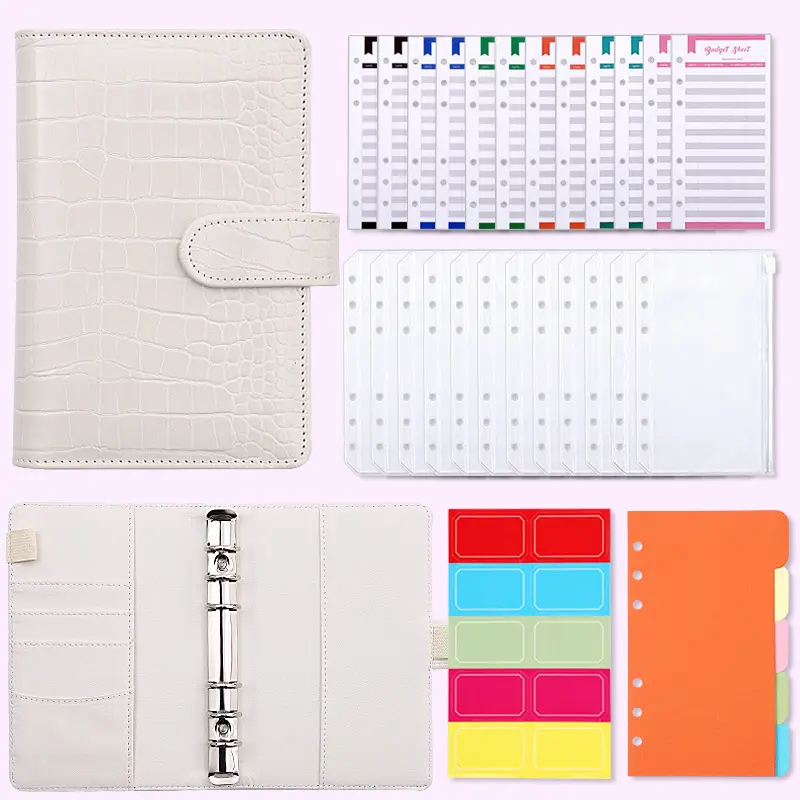 Notebook a6, conjunto de envelopes de couro de pu crocodilo folhas soltas com planejador de envelopes de zíper
