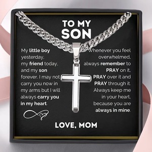 Collier Croix en Acier Inoxydable Plaqué Or pour Maman et Fils, Chaîne à Maillons, Carte Message Diamantée, Bijou Chrétien Tendance et Inspirant, Cadeau - Product Image 1